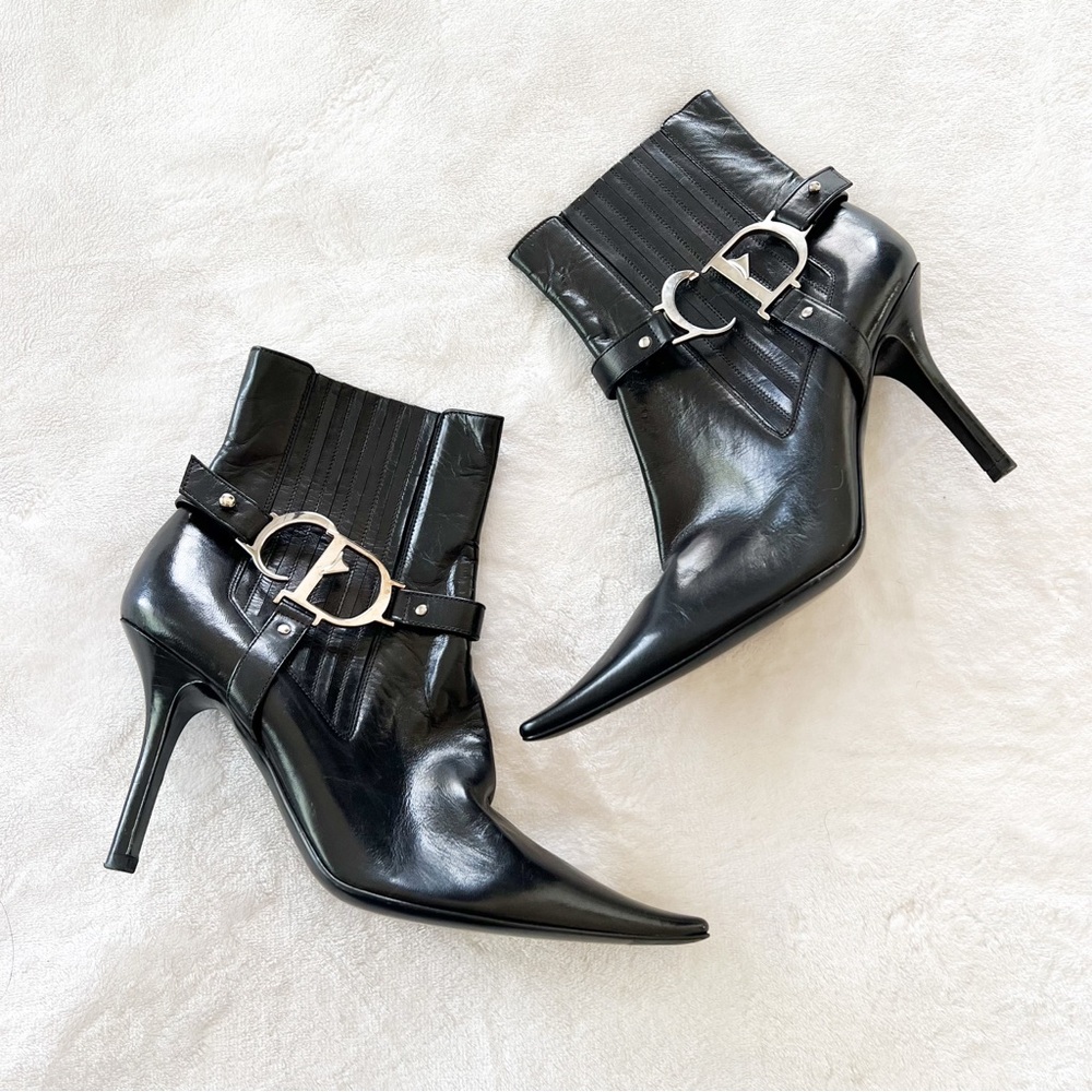 Dior Black Patent Leather Pointed Toe Stiletto Ankle Boots